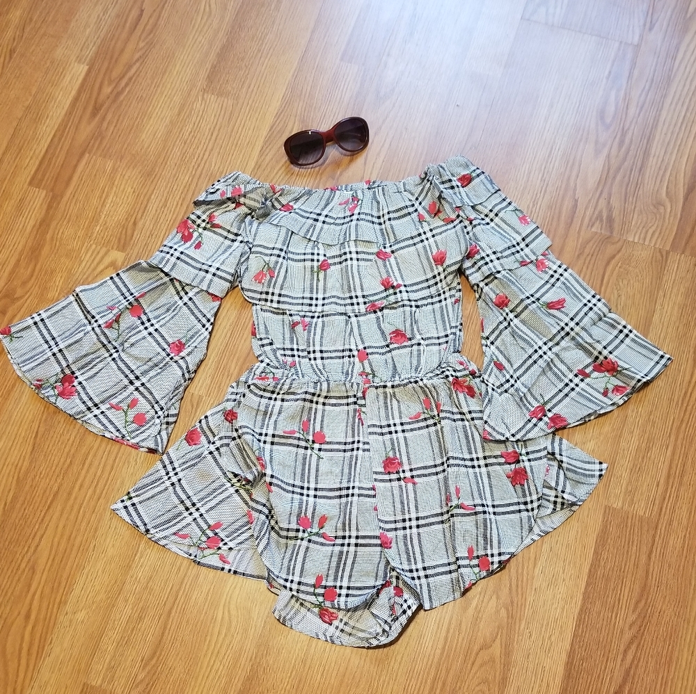 Black & White Plaid and Floral Off-Shoulder Romper
